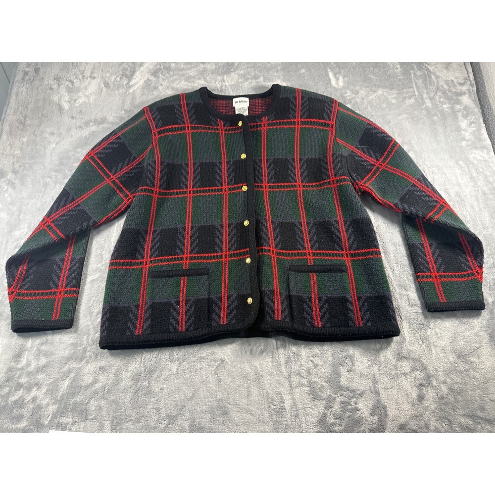 Liz‎ Baker Plaid Button Sweater Women Grande Green Red Black Gold Button